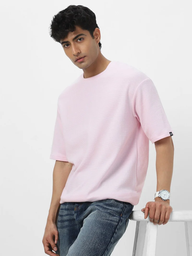Urbano Fashion  Urbano Fashion Men's Lavender Textured Round Neck Oversized Half Sleeve Cotton T-Shirt  | Best Price UAE