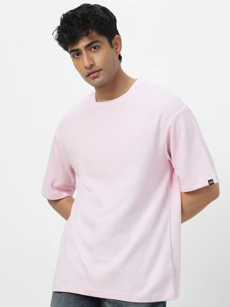 Urbano Fashion  Urbano Fashion Men's Lavender Textured Round Neck Oversized Half Sleeve Cotton T-Shirt  | Best Price UAE