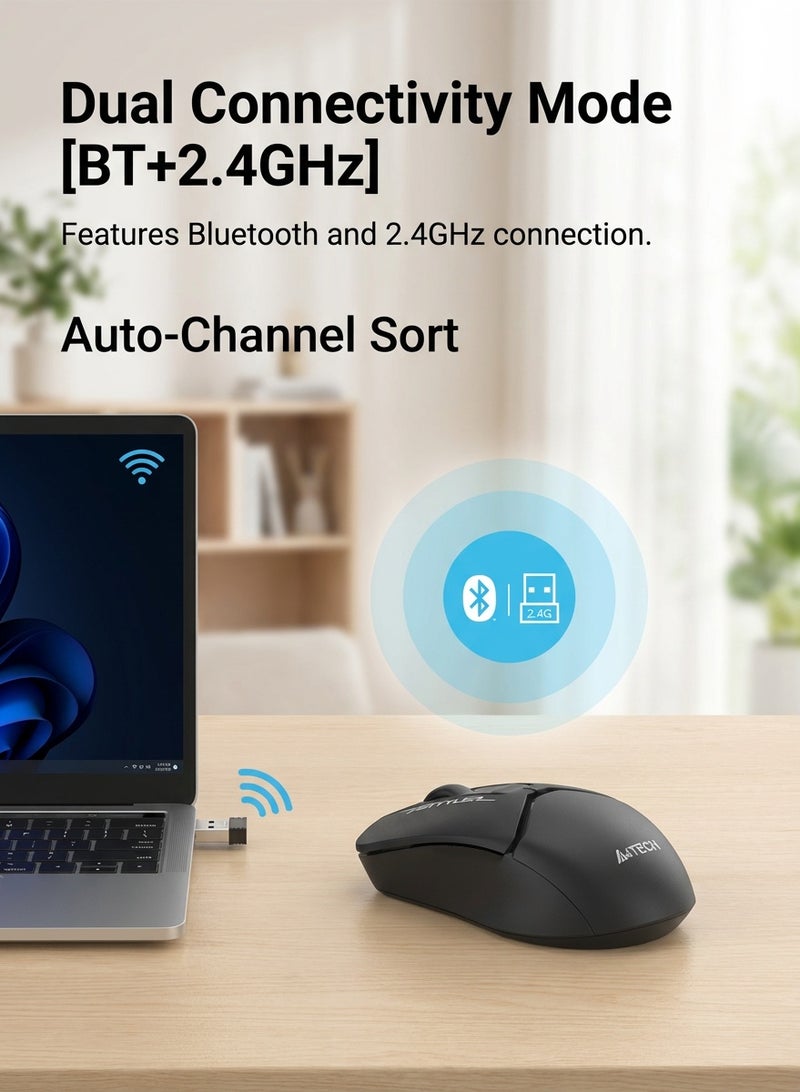 A4TECH FB12S Dual Mode Wireless/Bluetooth Mouse With Silent Click, 2.4 GHz with USB Nano Receiver, 12 Months Battery Life, 1200 DPI Optical Tracking, Auto Power Saving, Compatible with PC, Mac, Laptop & Android, Black - Image 5