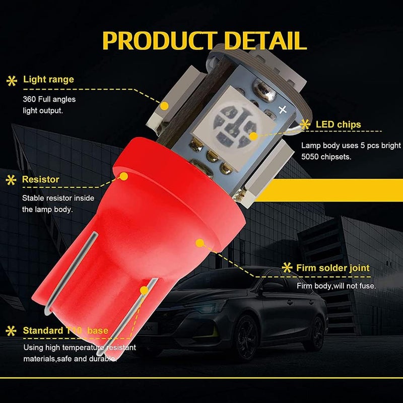 GLOFE 10Pcs Cab Roof Running Marker Light Amber Red T10 LED Bulb - Image 4