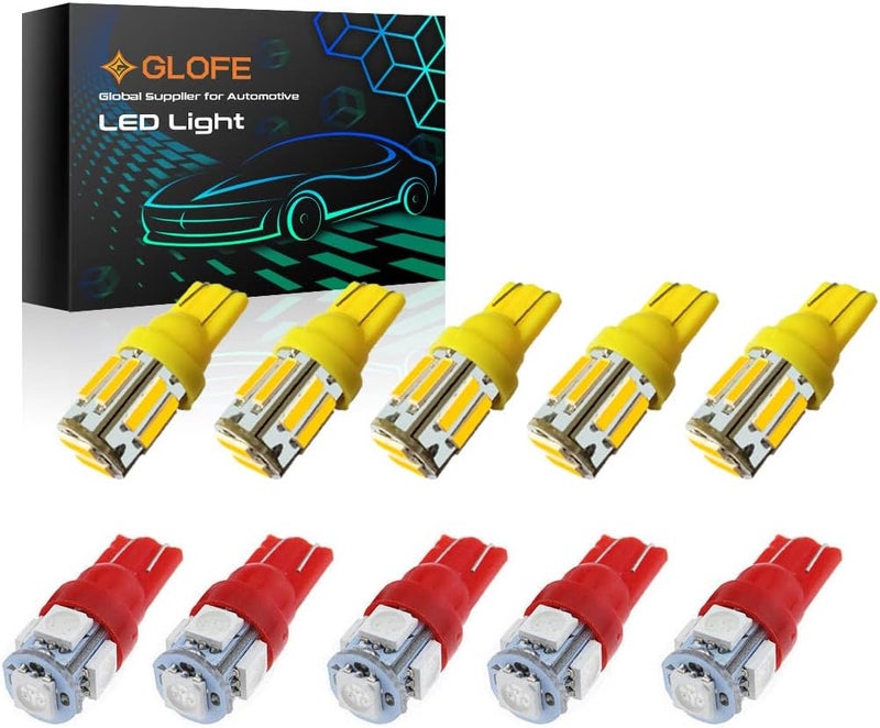 GLOFE 10Pcs Cab Roof Running Marker Light Amber Red T10 LED Bulb - Image 1