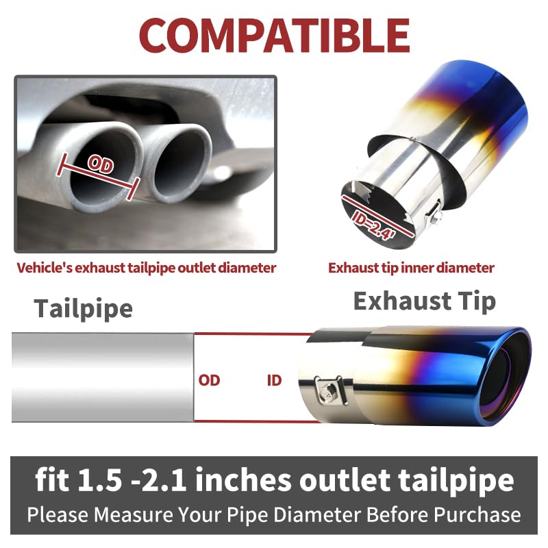 OXDFK Universal Chrome Exhaust Tip, 1.5"â€“2.1" Inlet, Stainless Steel, Adjustable Car Muffler Decorative Tip, Fits Pipes with 1.5â€“2.1" Diameter, 2.24" Outlet, 5.76" Long, Straight Pipe Kit (Blue) - Image 3
