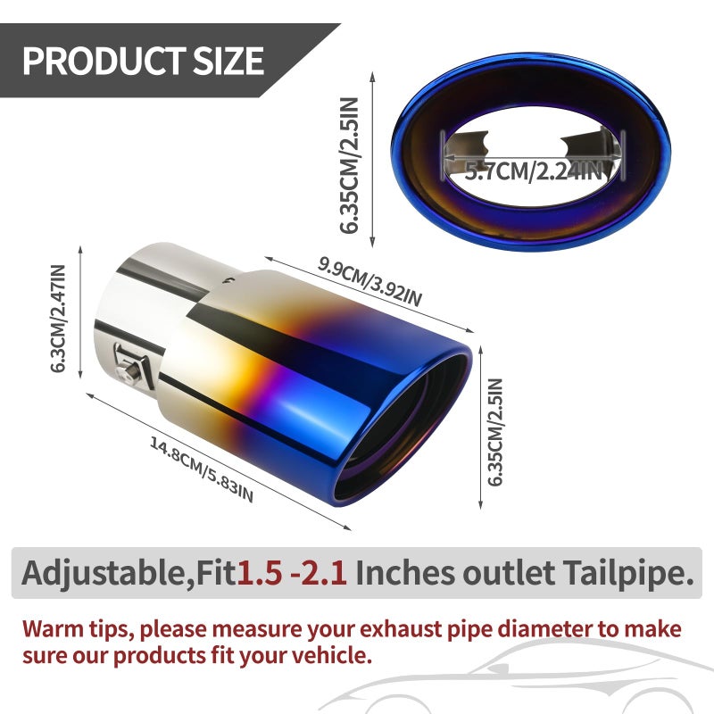 OXDFK Universal Chrome Exhaust Tip, 1.5"â€“2.1" Inlet, Stainless Steel, Adjustable Car Muffler Decorative Tip, Fits Pipes with 1.5â€“2.1" Diameter, 2.24" Outlet, 5.76" Long, Straight Pipe Kit (Blue) - Image 2