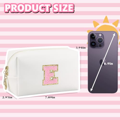 Gosuoa Initial Makeup Bag,Personalized preppy bag Waterproof PU Leather Chenille Letter Cosmetic Bag,Portable Travel Toiletry Bag Monogram Birthday Gift for Women Girls Mom Friends (Letter E) - Image 2