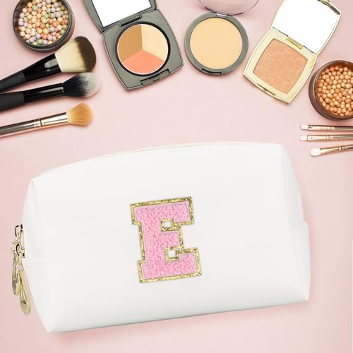 Gosuoa Initial Makeup Bag,Personalized preppy bag Waterproof PU Leather Chenille Letter Cosmetic Bag,Portable Travel Toiletry Bag Monogram Birthday Gift for Women Girls Mom Friends (Letter E) - Image 4