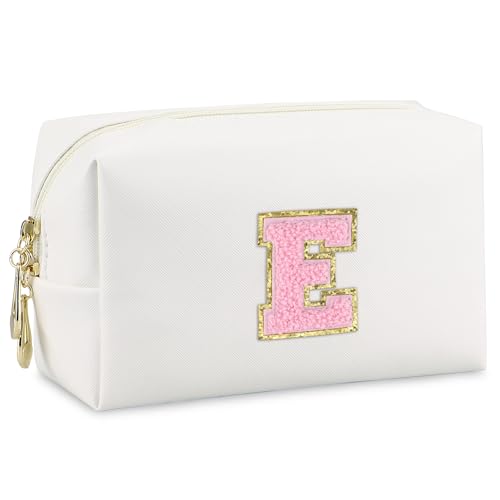 Gosuoa Initial Makeup Bag,Personalized preppy bag Waterproof PU Leather Chenille Letter Cosmetic Bag,Portable Travel Toiletry Bag Monogram Birthday Gift for Women Girls Mom Friends (Letter E) - Image 1