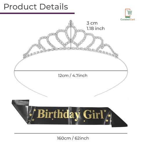 Curated Cart Queen Crown and Black Satin Birthday Girl Sash Set - Elegant Silver Tiara with Birthday Girl Sash for Women and Girls, Perfect for Parties, Pageants, and Special Occasions - Image 2