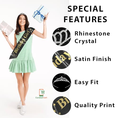 Curated Cart Queen Crown and Black Satin Birthday Girl Sash Set - Elegant Silver Tiara with Birthday Girl Sash for Women and Girls, Perfect for Parties, Pageants, and Special Occasions - Image 4