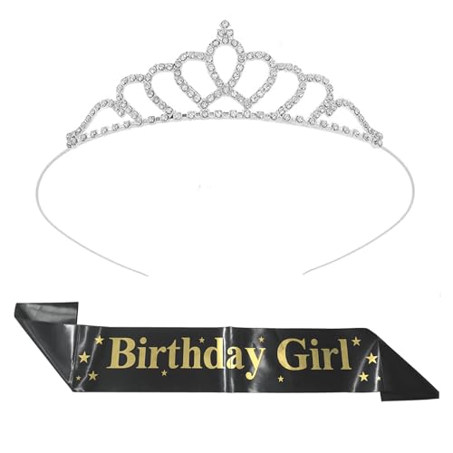 Curated Cart Queen Crown and Black Satin Birthday Girl Sash Set - Elegant Silver Tiara with Birthday Girl Sash for Women and Girls, Perfect for Parties, Pageants, and Special Occasions - Image 1