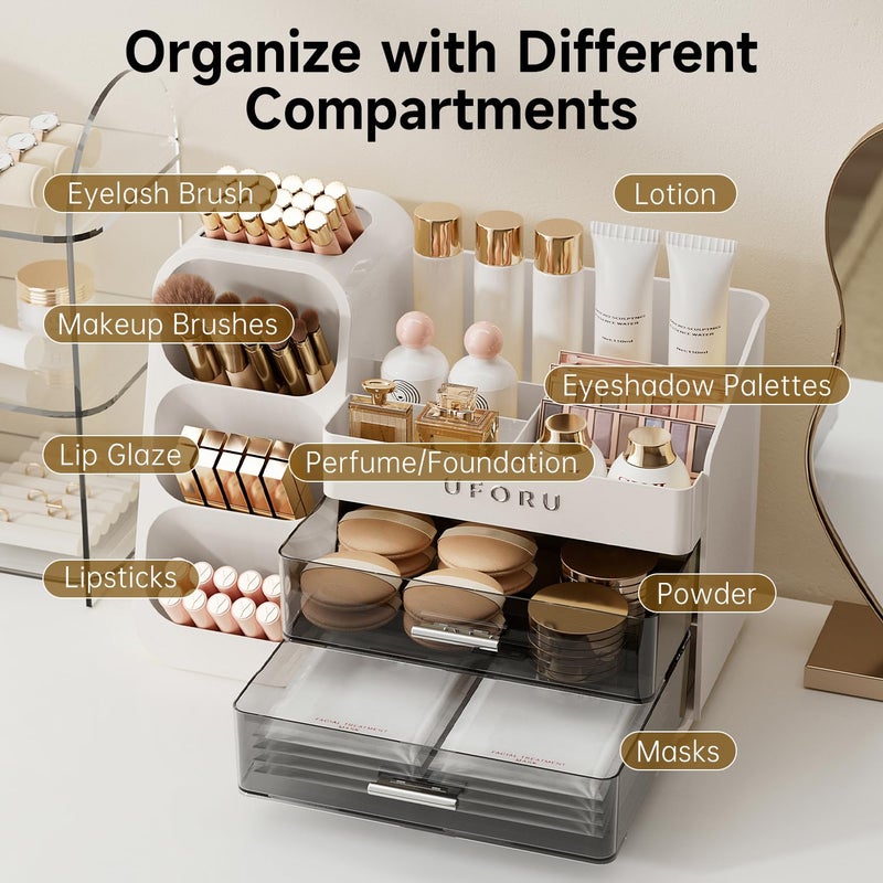 UFORU Makeup Organizer for Vanity with Brush Holder, Countertop Skincare Organizer with 2 Drawers, Spacious Cosmetic Display Case for Perfumes, Eyeshadow Palettes, Nail Polishes - Image 5