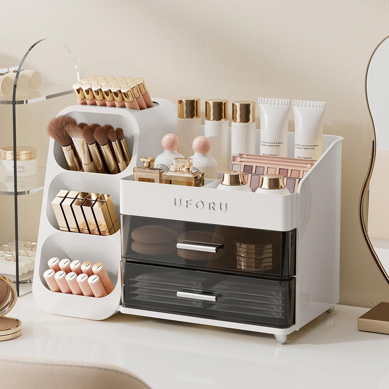 UFORU Makeup Organizer for Vanity with Brush Holder, Countertop Skincare Organizer with 2 Drawers, Spacious Cosmetic Display Case for Perfumes, Eyeshadow Palettes, Nail Polishes - Image 2