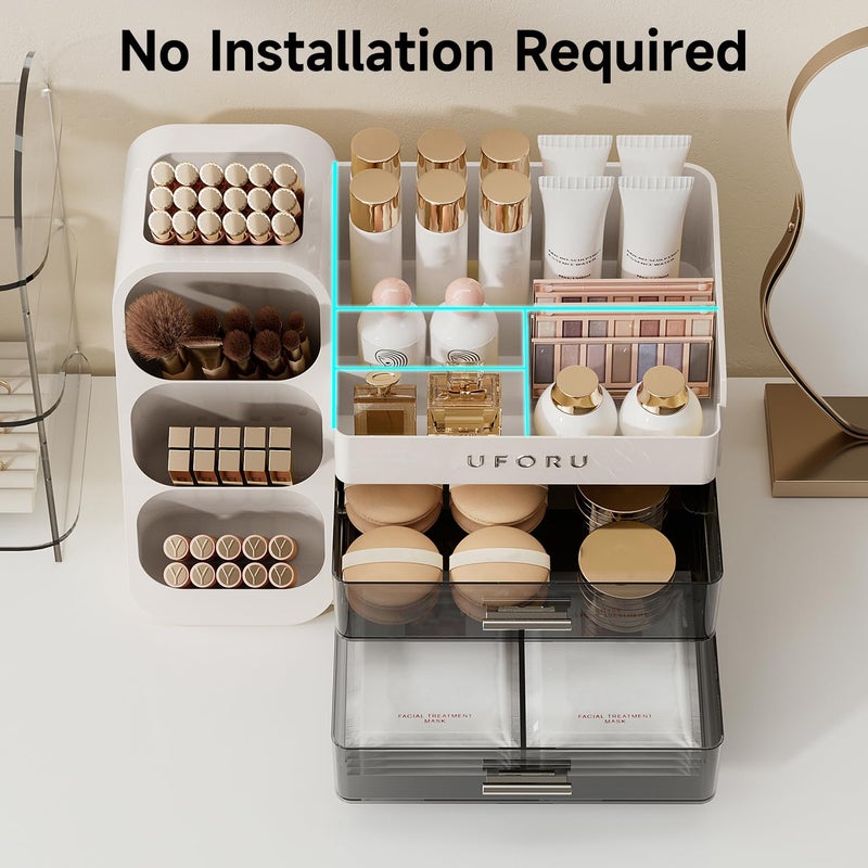 UFORU Makeup Organizer for Vanity with Brush Holder, Countertop Skincare Organizer with 2 Drawers, Spacious Cosmetic Display Case for Perfumes, Eyeshadow Palettes, Nail Polishes - Image 3