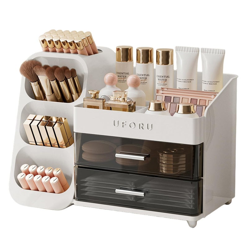 UFORU Makeup Organizer for Vanity with Brush Holder, Countertop Skincare Organizer with 2 Drawers, Spacious Cosmetic Display Case for Perfumes, Eyeshadow Palettes, Nail Polishes - Image 1