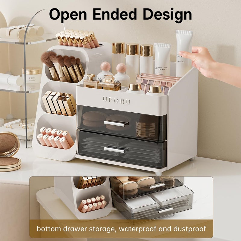 UFORU Makeup Organizer for Vanity with Brush Holder, Countertop Skincare Organizer with 2 Drawers, Spacious Cosmetic Display Case for Perfumes, Eyeshadow Palettes, Nail Polishes - Image 4