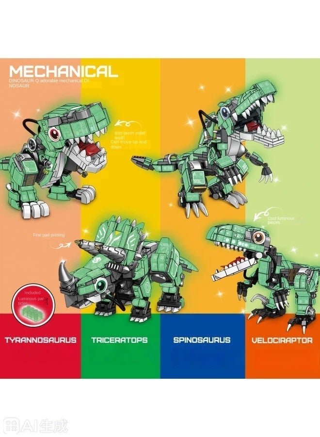 4-in-1 Glow-in-The-Dark Mechanical Dinosaur Building Set | Small Block Construction Models | T-Rex/Spinosaurus/Triceratops/Velociraptor | Educational Assembly Toy - Image 2