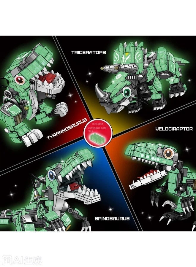 4-in-1 Glow-in-The-Dark Mechanical Dinosaur Building Set | Small Block Construction Models | T-Rex/Spinosaurus/Triceratops/Velociraptor | Educational Assembly Toy - Image 3