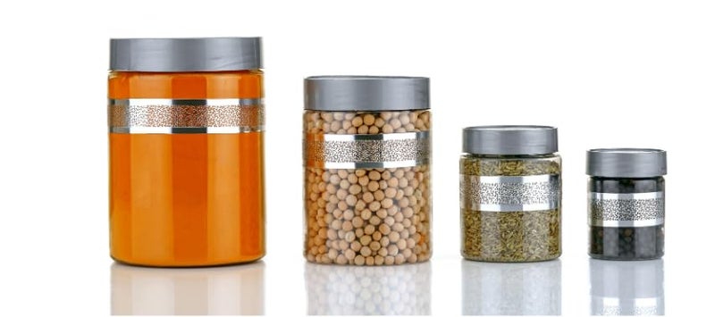 Qshare Kitchen Storage Containers - Transparent Storage Organiser Jar Set with lids & Spoons For Kitchen Pantry, 1200ml, 650ml, 350ml & 250ml Dabba for Snacks, Grains, Dry Fruits (Silver, Set of 16pc) - Image 4
