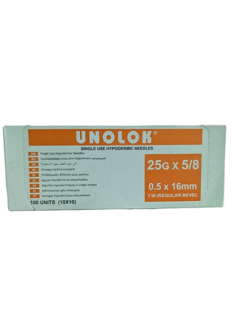 Single Use Hypodermic Needles 25g x 5/8 (0.5 x 16mm) 100 Units