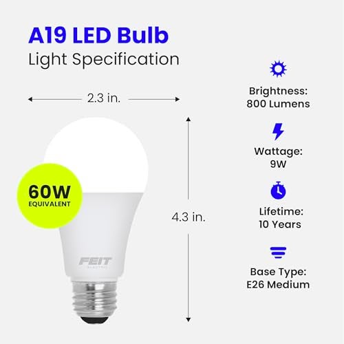 Feit Electric A19 LED Light Bulb, 60W Equivalent, Non Dimmable, 800 Lumens, E26 Medium Base, 3000k Bright White, CRI 90, 10 Year Lifetime, UL Listed, Damp Rated, 10 Pack, OM60/930CA10K/10 - Image 3