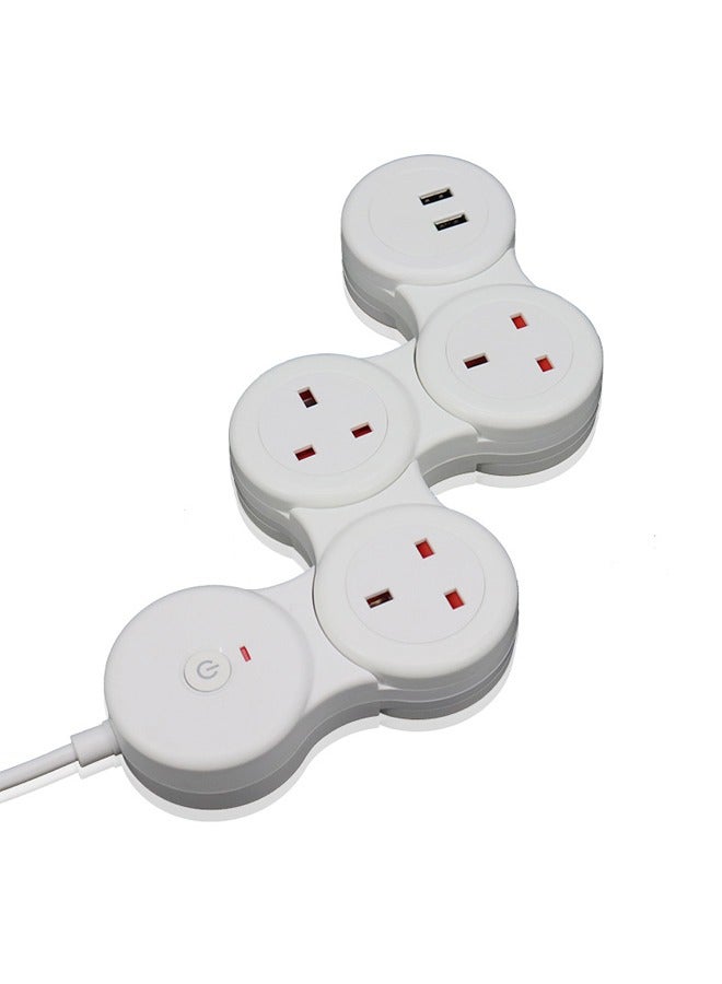 Adjustable 3-Ports UK Power Strip Extension Cord with 2 USB Ports 1.8m White - Image 2