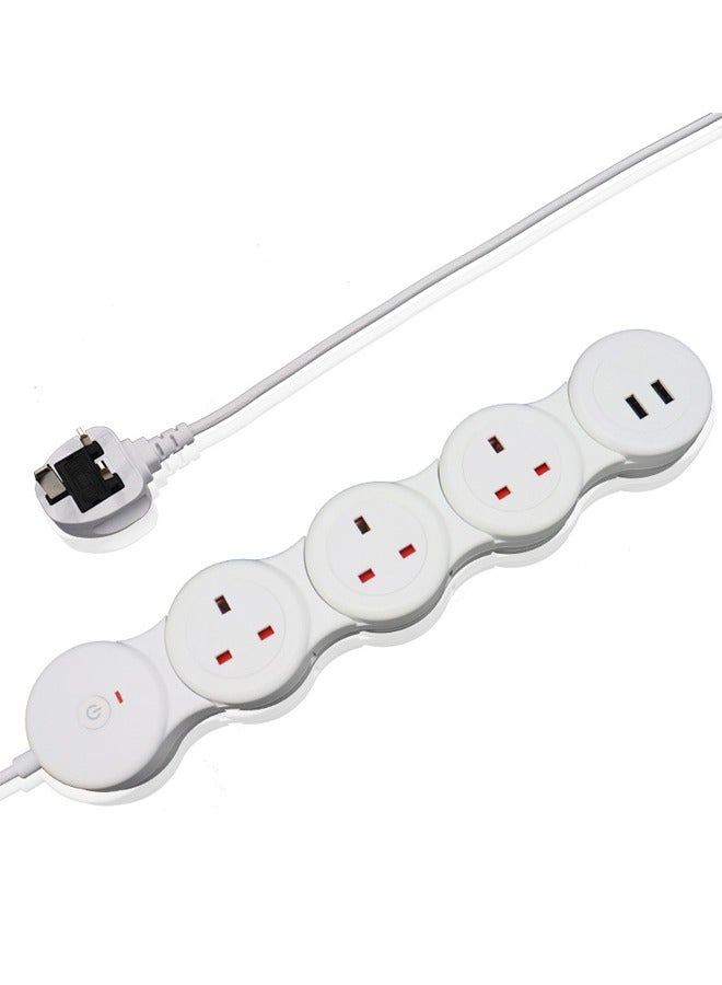 Adjustable 3-Ports UK Power Strip Extension Cord with 2 USB Ports 1.8m White - Image 1