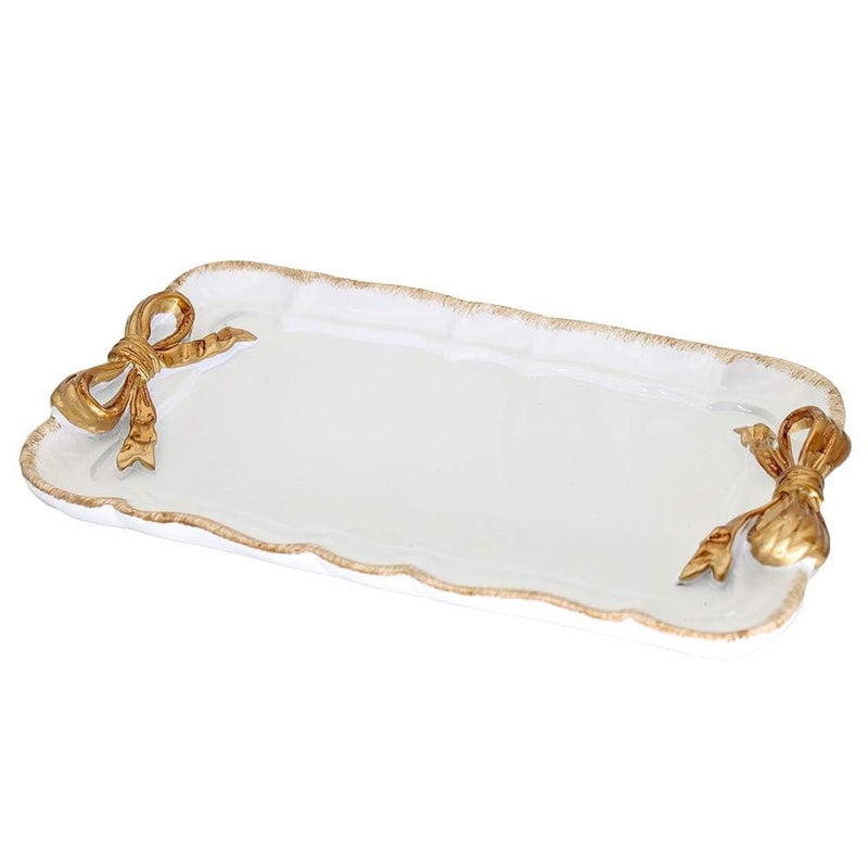 Warmtree Vintage Jewelry Organizer, Decorative Tray for Jewelry, Towel, Storage, Rings, Bracelets, Earrings, Cosmetics, Retro Design, Bow Decor Resin Plate Coquette for Room Decor, White - Image 1