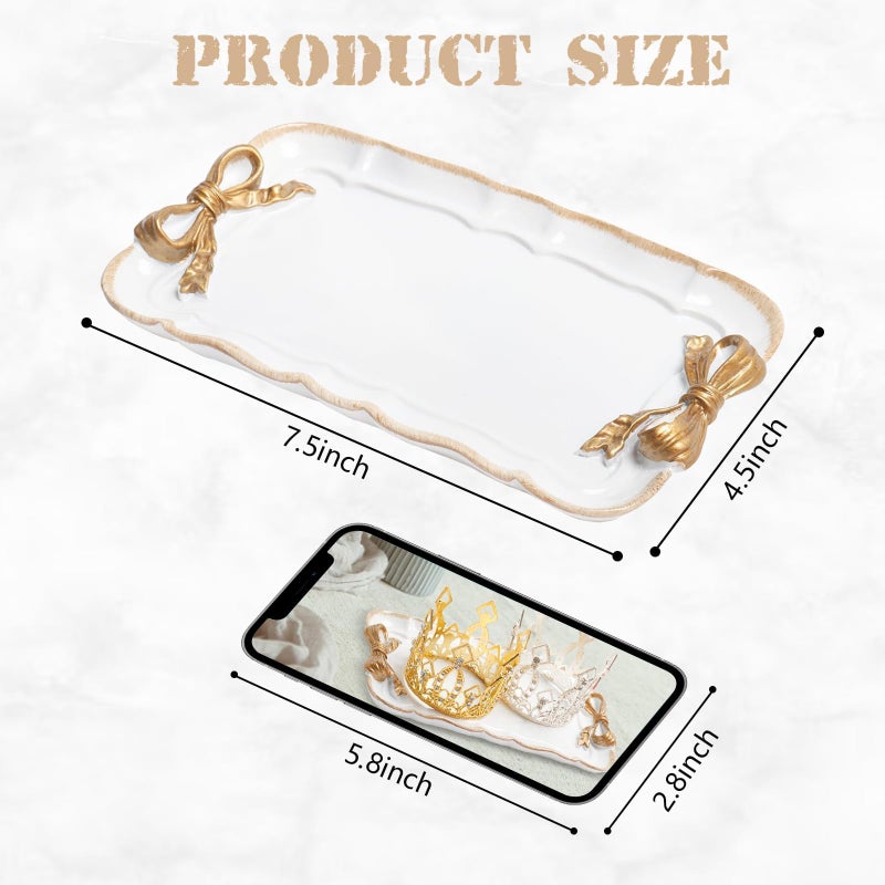 Warmtree Vintage Jewelry Organizer, Decorative Tray for Jewelry, Towel, Storage, Rings, Bracelets, Earrings, Cosmetics, Retro Design, Bow Decor Resin Plate Coquette for Room Decor, White - Image 2