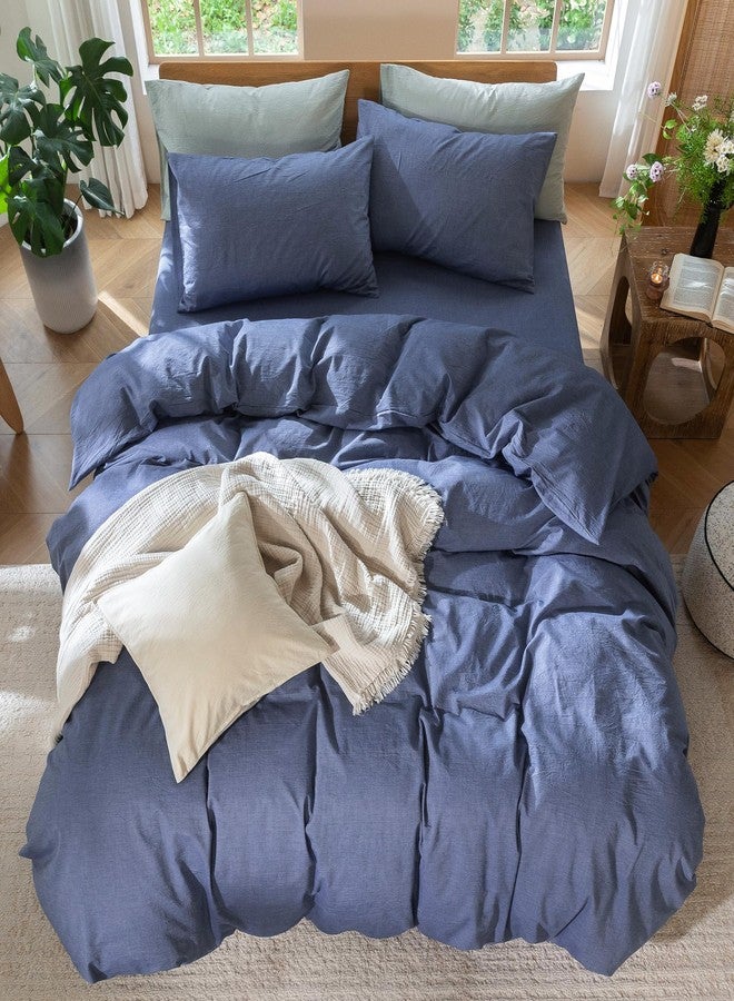 MooMee Bedding Duvet Cover Set 100% Washed Cotton Linen Like Textured Breathable Durable Soft Comfy (Heathered Blue, Cal King 104"x98") - Image 5