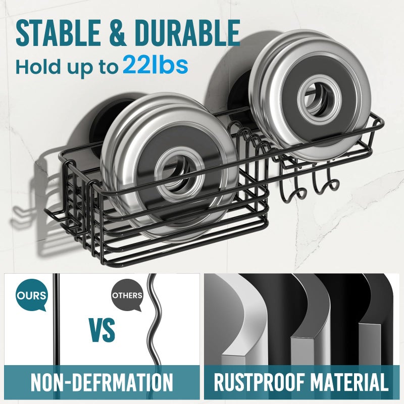 TAILI Shower Caddy Suction Cup with Hooks & Soap holder  Heavy Duty Bathroom Shower Organizer  No Drilling Shower Shelves for Inside Shower  Metal Black Shower Holder Organizer - Image 3