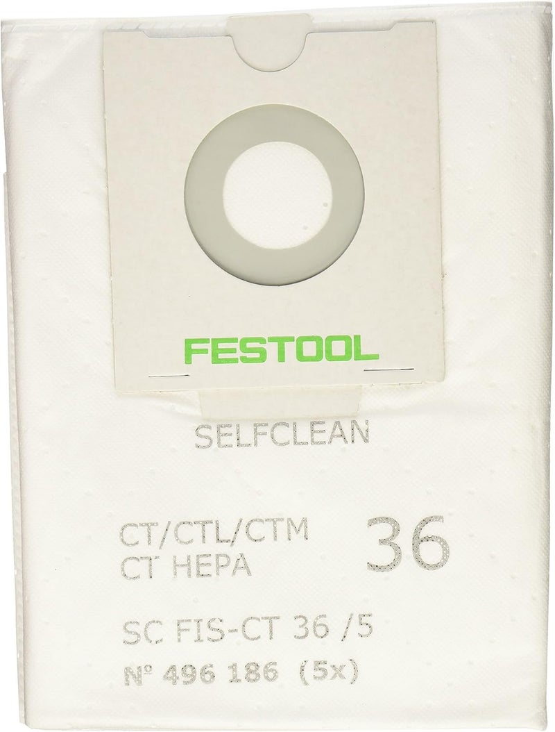 Festool 496186 SC FIS-CT 36/5 Selfclean Filter Bag - Pack of 5, White