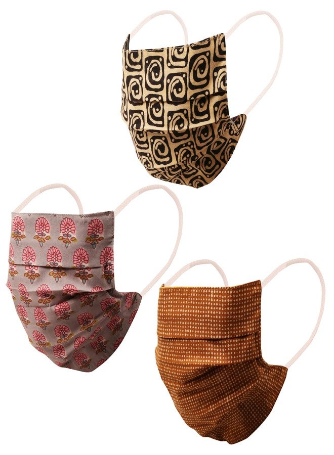 Touchstone Cotton Indian Heritage Fabric from Jaipur Filter Pocket Face Masks Reusable Washable Handcrafted Double Layer for Men and Women (Yellow Pink Blue) - Pack of 3. - Image 1