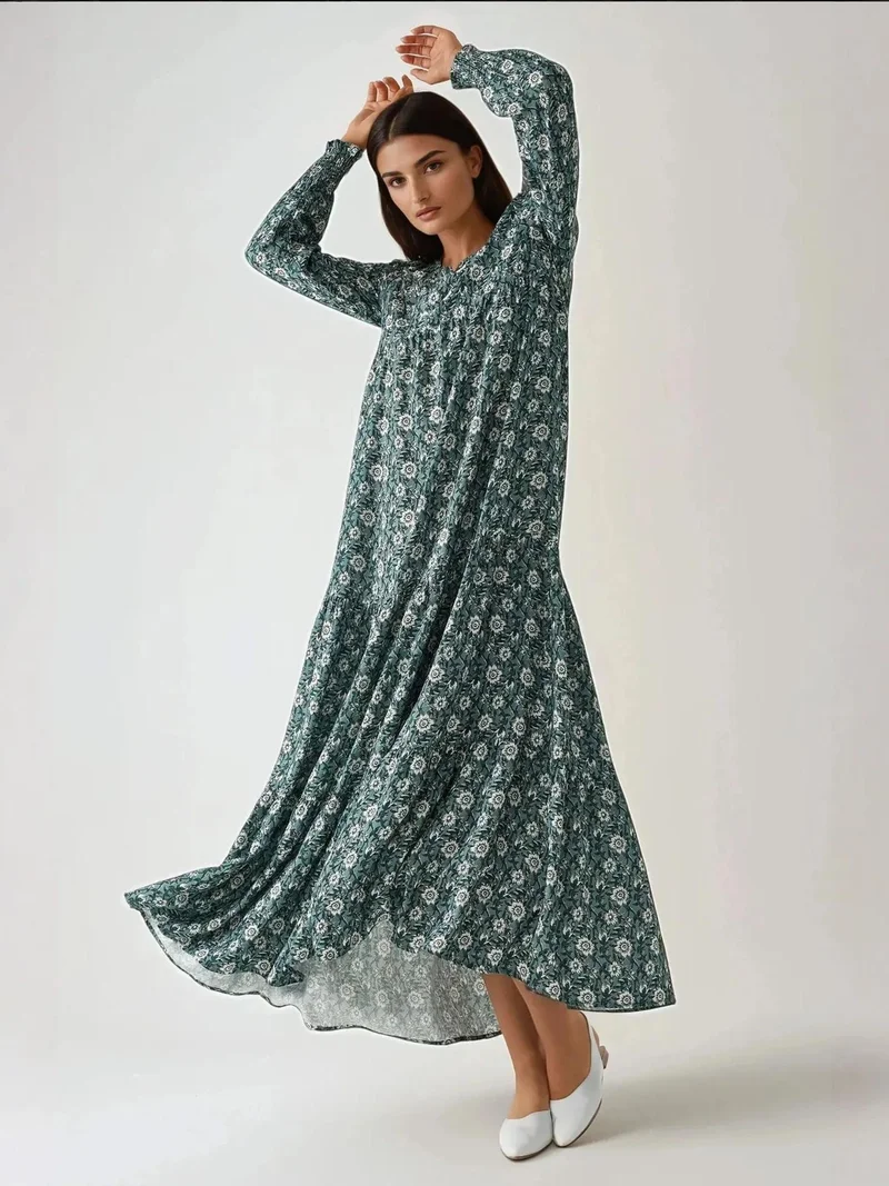 زوبعة فستان ماكسي بياقة دائرية مطبوع من الفيسكوز