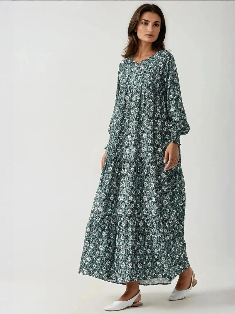 زوبعة فستان ماكسي بياقة دائرية مطبوع من الفيسكوز