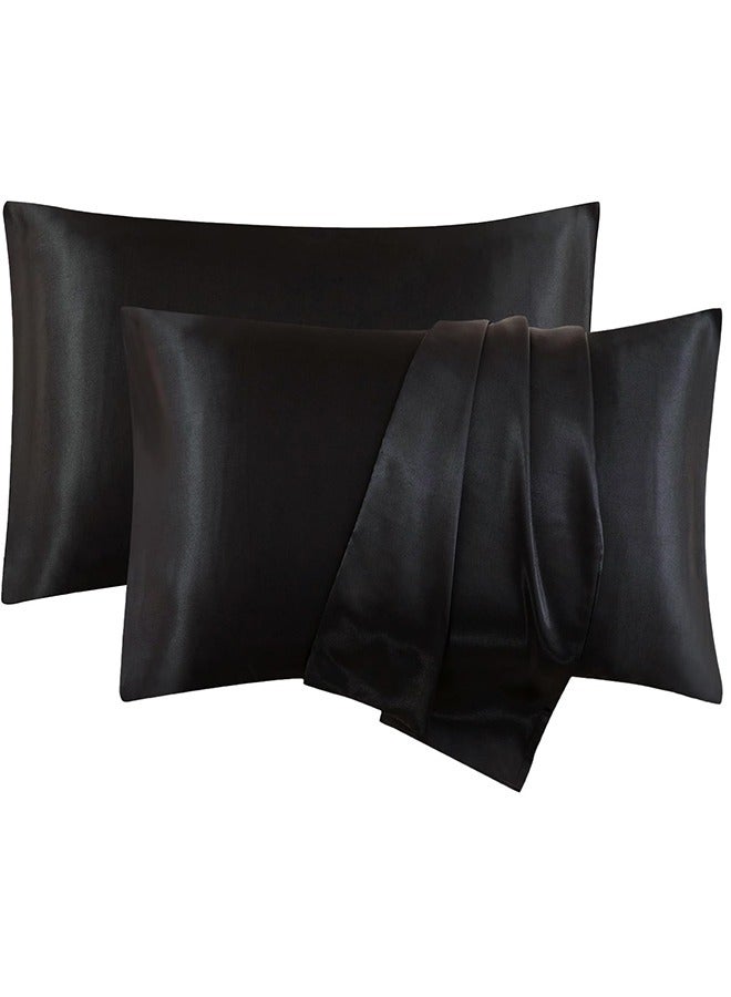 بشكل مختصر غطاء مخدة من الساتان، 2 عبوة أكياس مخدة من الحرير الساتان مقاس 20 بوصة × 30 بوصة للشعر والبشرة غطاء مخدة من الساتان بحجم الملكة مع إغلاق بمغلف (50 × 75 سم، أسود) - Image 1