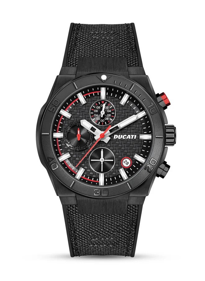 Ducati Ducati DT007 Gents Chronograph Watch - 43.5MM Textured Black Dial with Red Accents, Black Leather Strap, Water Resistant up to 50M, Iconic Racing Design for Everyday Style