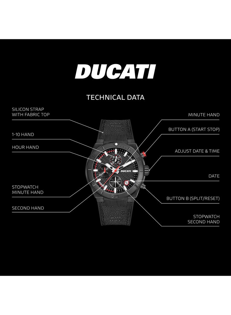 Ducati DT007 Gents Chronograph Watch - 43.5MM Textured Black Dial with Red Accents, Black Leather Strap, Water Resistant up to 50M, Iconic Racing Design for Everyday Style - Image 4