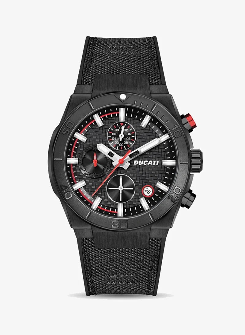 Ducati Ducati DT007 Gents Chronograph Watch - 43.5MM Textured Black Dial with Red Accents, Black Leather Strap, Water Resistant up to 50M, Iconic Racing Design for Everyday Style