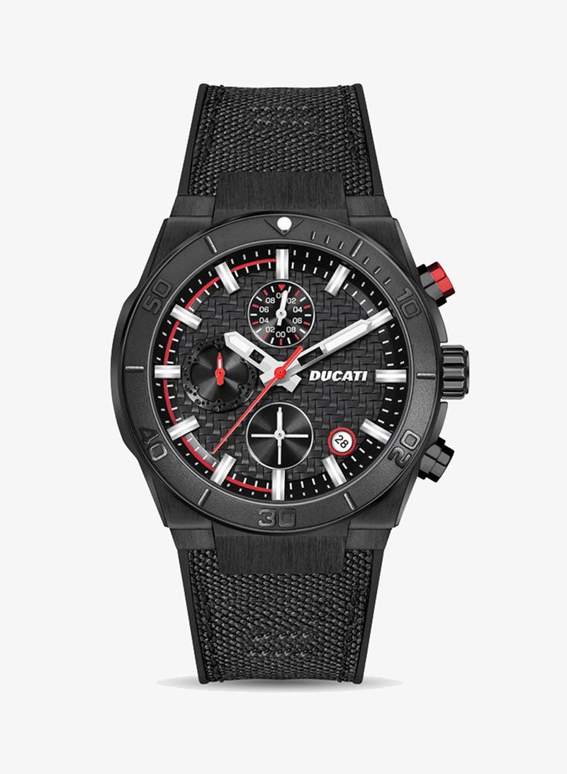 Ducati DT007 Gents Chronograph Watch - 43.5MM Textured Black Dial with Red Accents, Black Leather Strap, Water Resistant up to 50M, Iconic Racing Design for Everyday Style - Image 1
