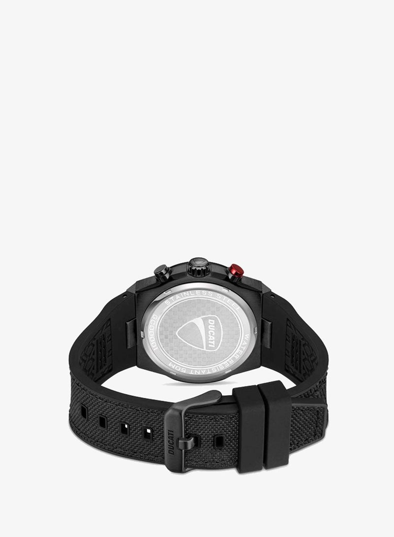 Ducati DT007 Gents Chronograph Watch - 43.5MM Textured Black Dial with Red Accents, Black Leather Strap, Water Resistant up to 50M, Iconic Racing Design for Everyday Style - Image 3