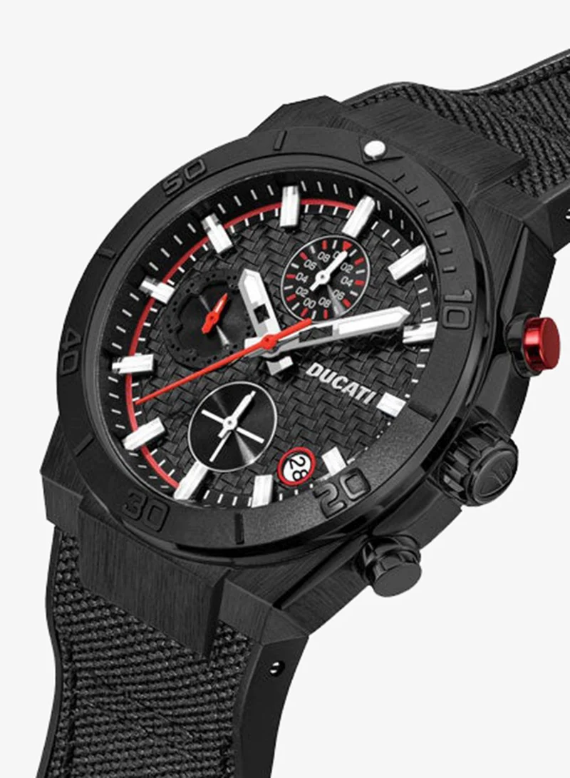 Ducati Ducati DT007 Gents Chronograph Watch - 43.5MM Textured Black Dial with Red Accents, Black Leather Strap, Water Resistant up to 50M, Iconic Racing Design for Everyday Style