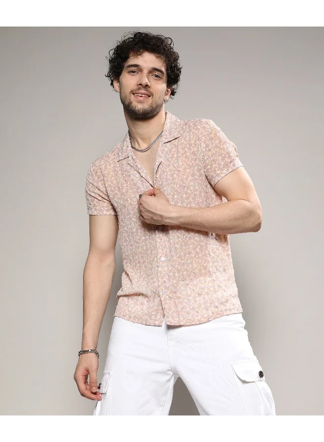Campus Sutra Men's Beige Washed Flowers Seld-Design Shirt