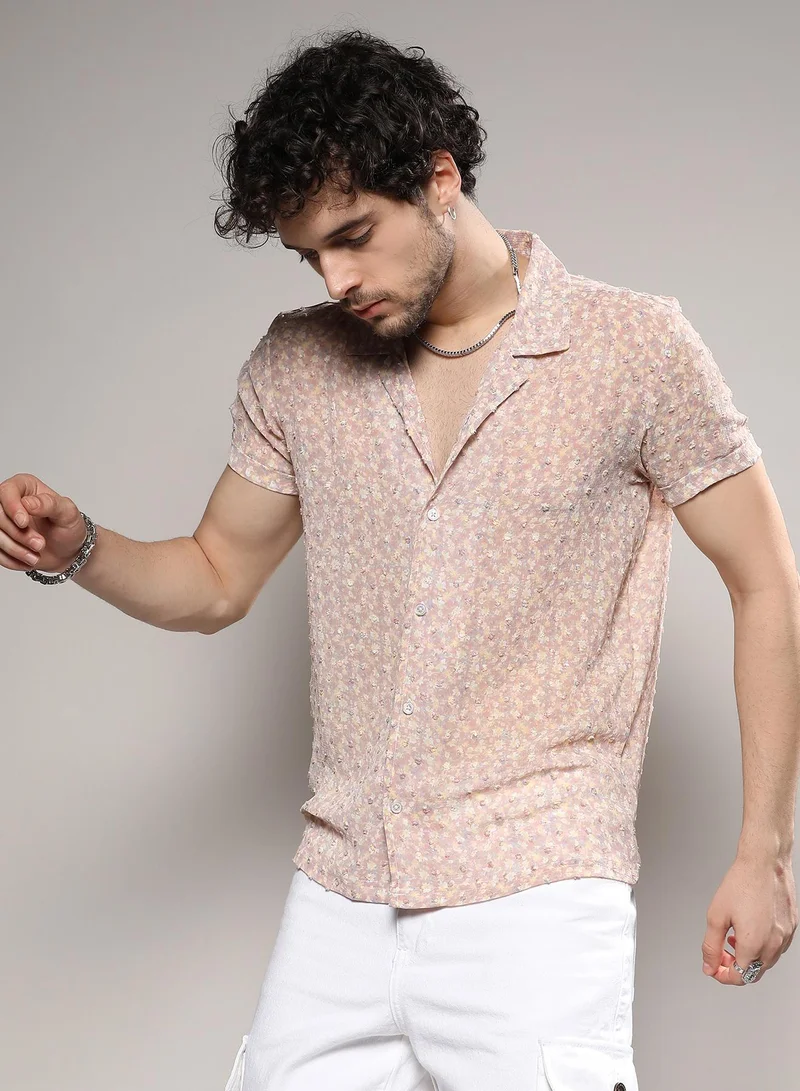 Campus Sutra Men's Beige Washed Flowers Seld-Design Shirt