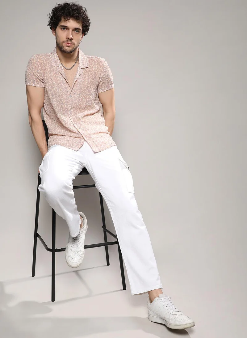 Campus Sutra Men's Beige Washed Flowers Seld-Design Shirt