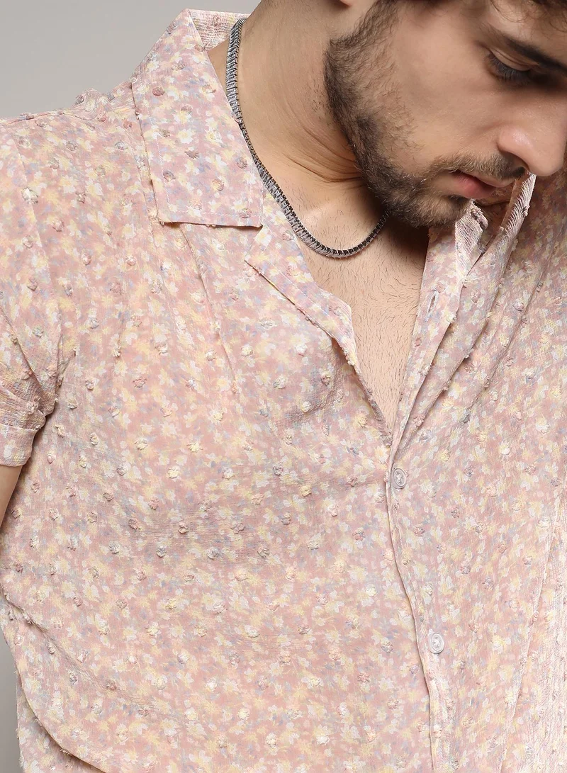 Campus Sutra Men's Beige Washed Flowers Seld-Design Shirt