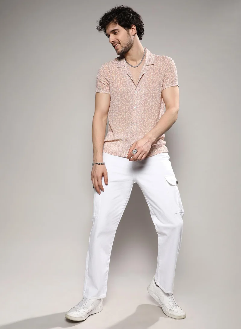 Campus Sutra Men's Beige Washed Flowers Seld-Design Shirt