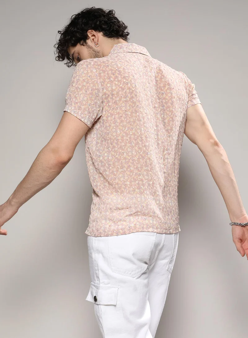 Campus Sutra Men's Beige Washed Flowers Seld-Design Shirt