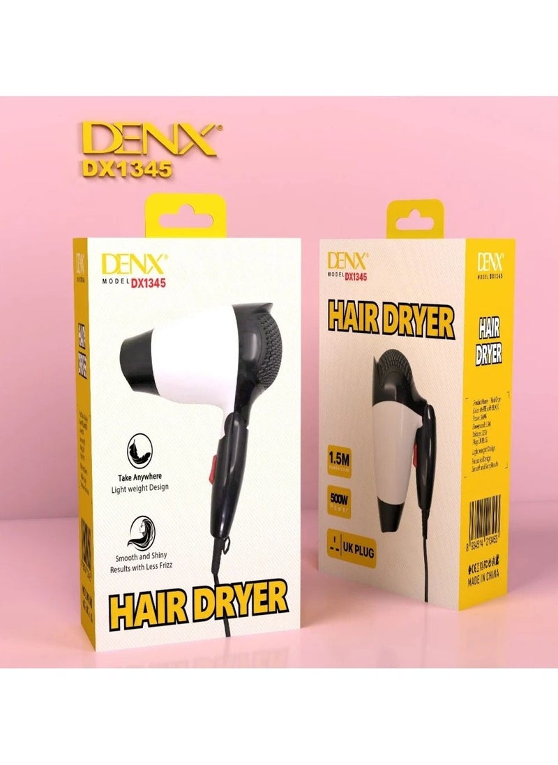 Denx Professional Ionic Hair Dryer 500 Watts, Fast Dry Ac Motor, 2 Speeds, Diffuser And Nozzle - White - Image 2