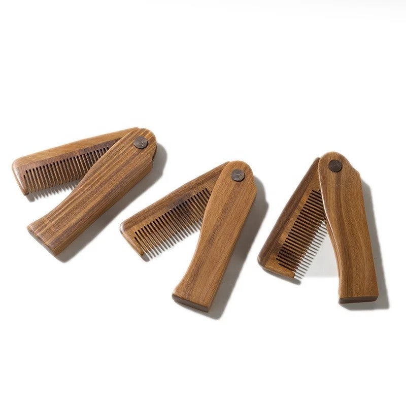 Bluejw Natural Green Sandalwood Folding Hair Comb - Engraved Logo, Anti-Static Fine Tooth Wood Hairbrushes - Image 2