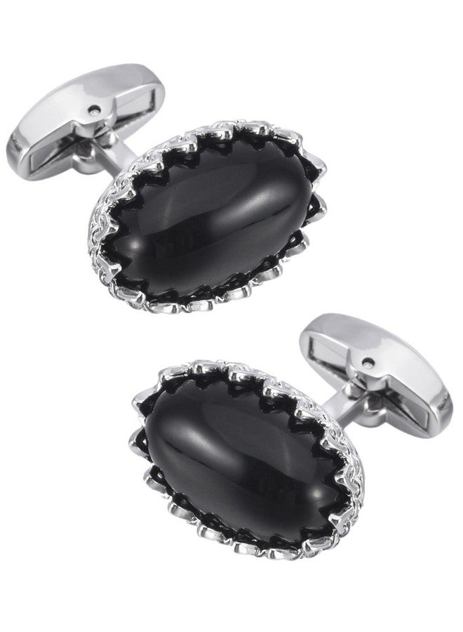 Jonwo Natural Agate Gemstone Men'S Cufflinks In Gift Case Oval Agate Stone Cufflinks For Men Jewelry For Wedding Party Business Birthday Anniversary Dress (Silver Tone Black Agate) - Image 1
