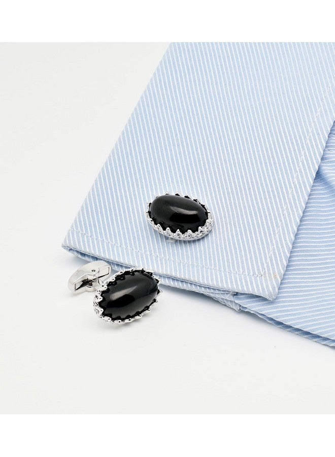 Jonwo Natural Agate Gemstone Men'S Cufflinks In Gift Case Oval Agate Stone Cufflinks For Men Jewelry For Wedding Party Business Birthday Anniversary Dress (Silver Tone Black Agate) - Image 4